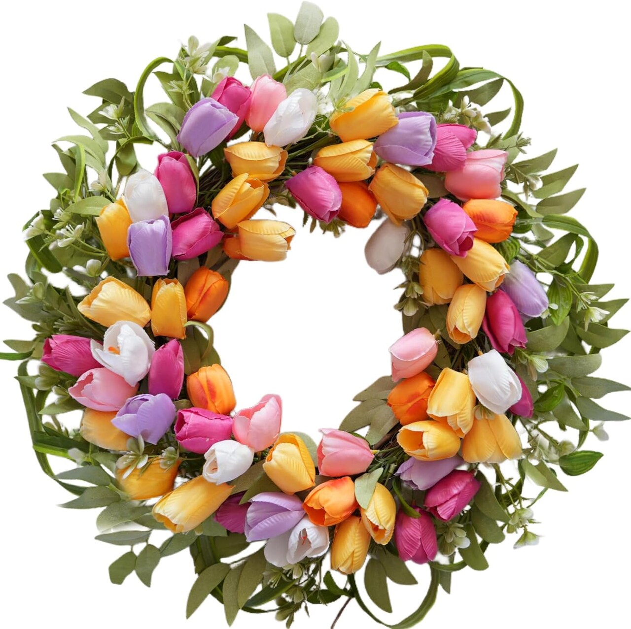 20-Inch Colorful Spring Tulip Wreath for Front Door – Artificial Multi-Color Flower Wreath with Greenery for Home, Wall, Fireplace, Party, Valentine’s Day & Wedding Décor